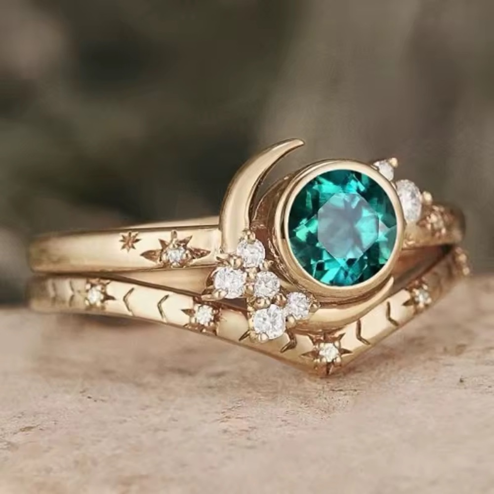 Crescent Moon & Zircon Falling Stars 2 Ring Set Womens Cosmic Jewelry Rings New6
